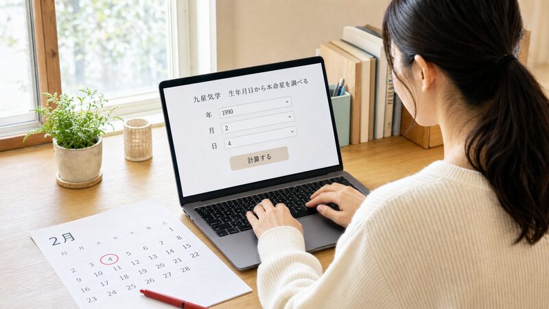 自動計算ツールとカレンダーで自分の本命星と立春の境目を確認する女性
