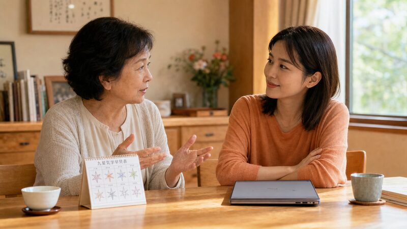 九星気学を信じる世代と疑う世代が話し合う家族の様子