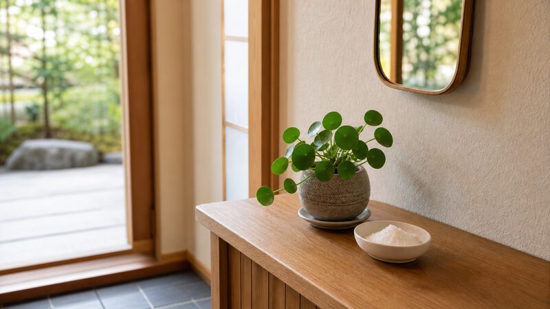 欠けの方位に置かれた観葉植物と盛り塩皿
