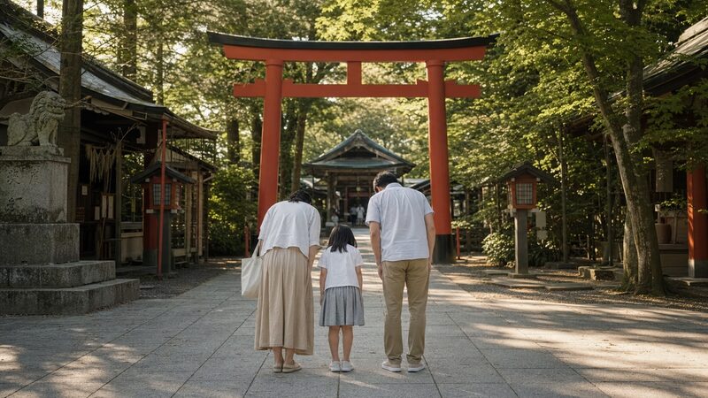 神社で方位除け祈祷を受ける東アジア系の家族のイメージ