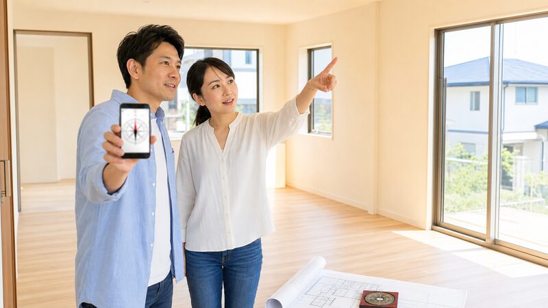 新居の窓の方角をスマホの九星気学アプリで確認する夫婦のイメージ