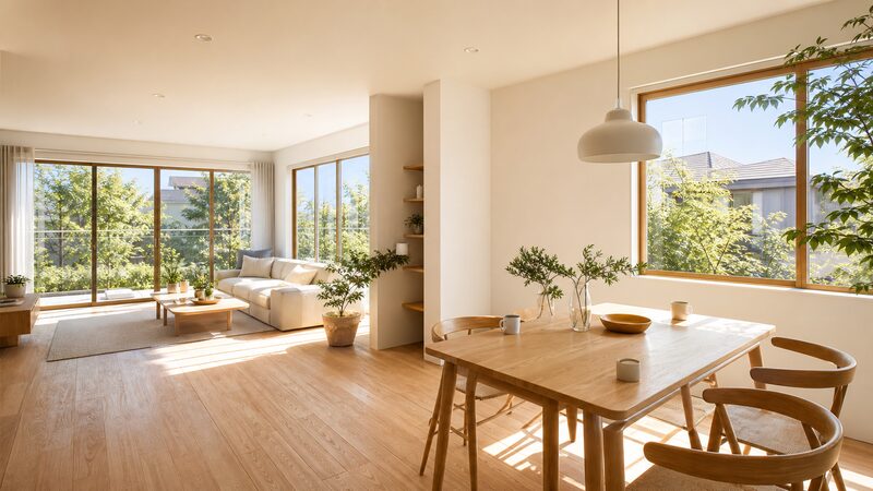 2方向の窓から採光を確保したL字型住宅のリビング