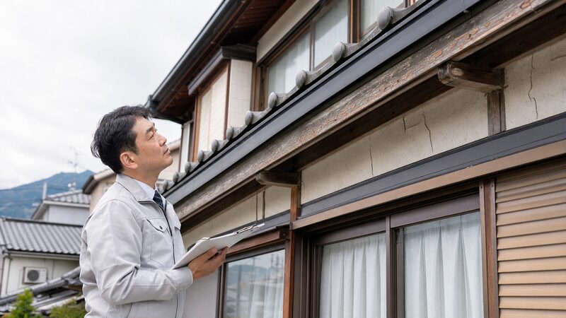 経年劣化した戸建て住宅の外壁と屋根を点検する東アジア系の建築士のイメージ
