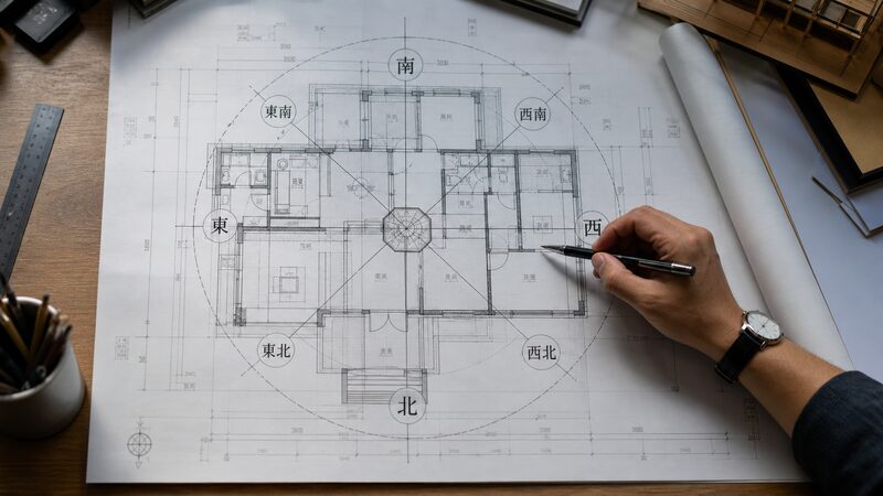 家相の間取り図と九星気学の方位を重ねて確認する建築士