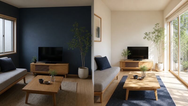 濃い色を壁全体に使った場合と小物に絞った場合の採光の見え方を比較したイメージ