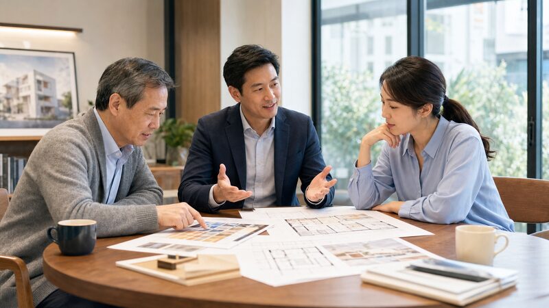 家族で意見が分かれた際に建築士が間に入り相談に乗る様子
