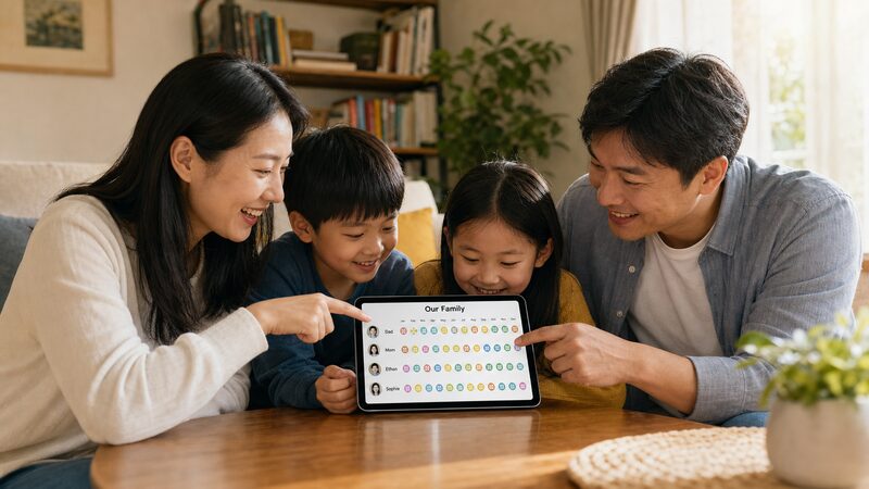 家族で四柱推命の十二運を確認する様子のイメージ