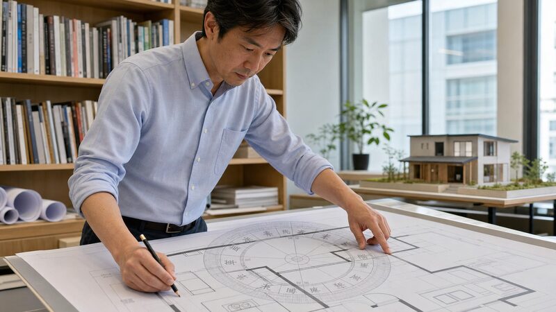 間取り図に九星気学の方位盤を重ねて検討する建築士のイメージ