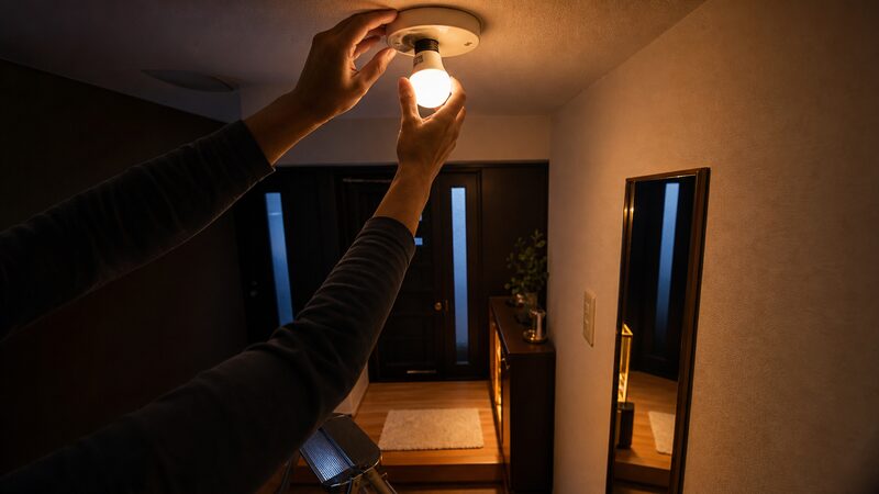北向きの暗い玄関の照明を電球色LEDに交換して明るさを改善する様子