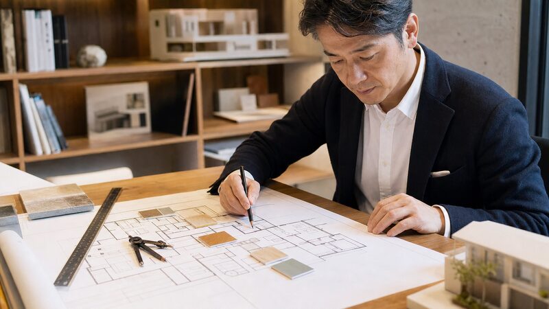 間取り図に方位磁石と色見本を重ねて診断する建築士のイメージ