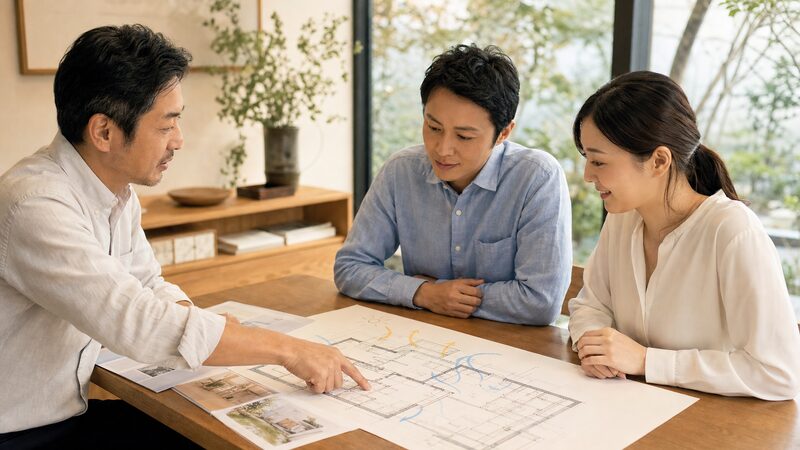 採光や動線を確認しながら間取り図を検討する東アジア系の建築士のイメージ