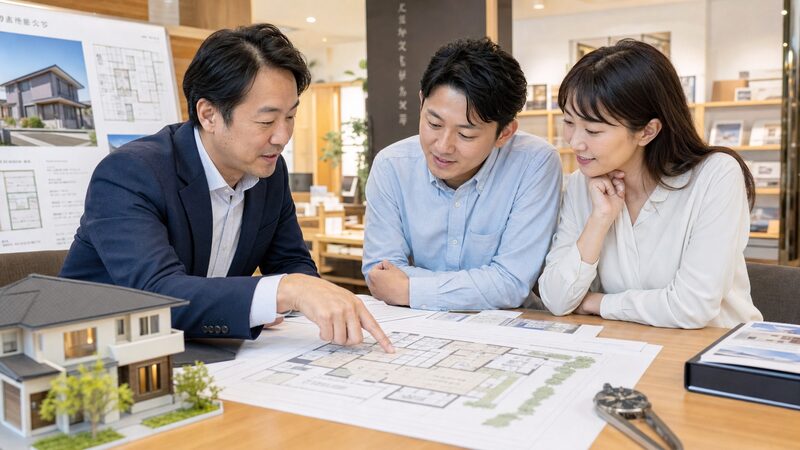 注文住宅の設計段階で方位の希望を建築士に伝える夫婦