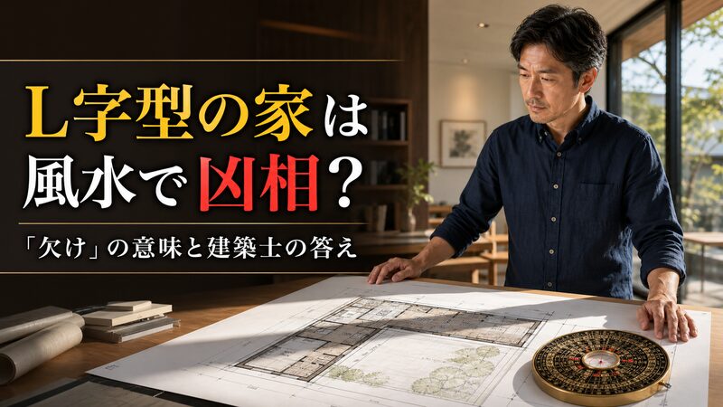 L字型の家の風水的な「欠け」を建築士が検証するイメージ、間取り図と方位磁石