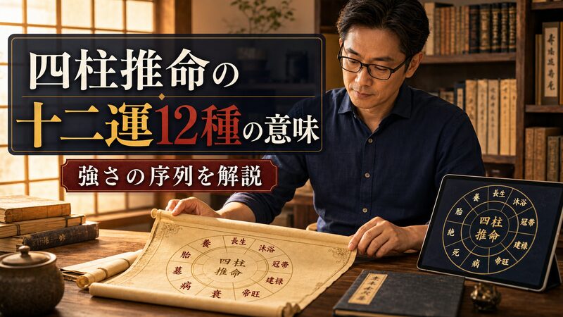 四柱推命の十二運12種を象徴する陰陽五行の図解と命式イメージ