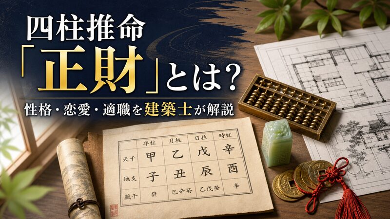 四柱推命の正財を象徴する命式表と金運・住まいの図面を並べたイメージ