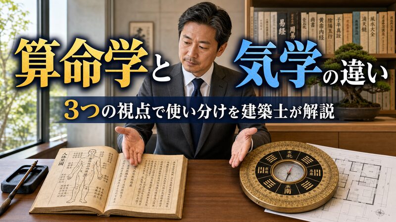 算命学の人体星図と九星気学の方位盤を並べて見比べる建築士のイメージ