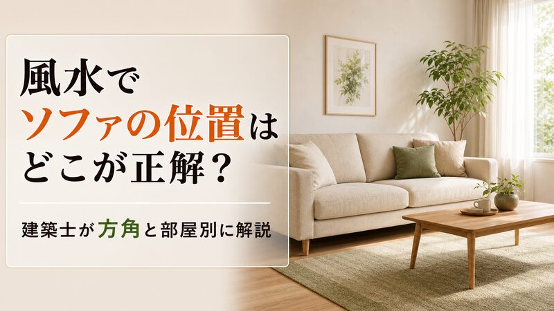 壁を背にして部屋の入口が見通せる向きに置いたベージュのソファと風水でソファの位置を示すタイトル