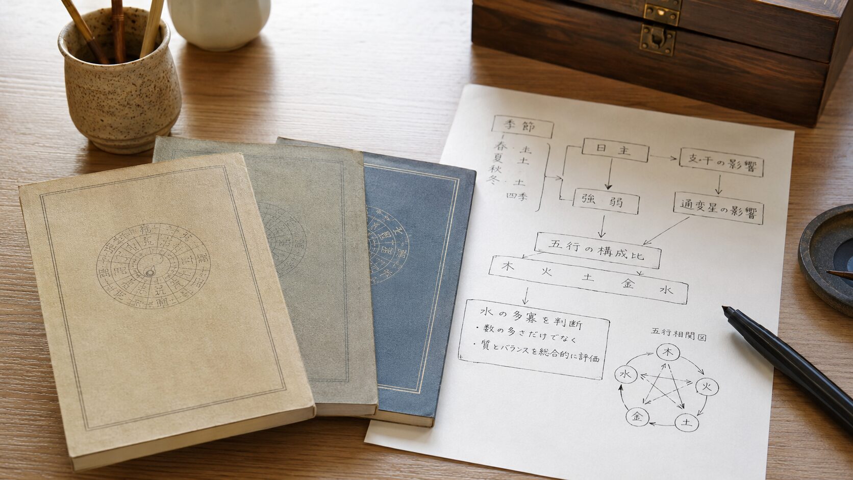 命式判断の流派差を示す書籍と方位盤、五行チャートを机上に並べた写真