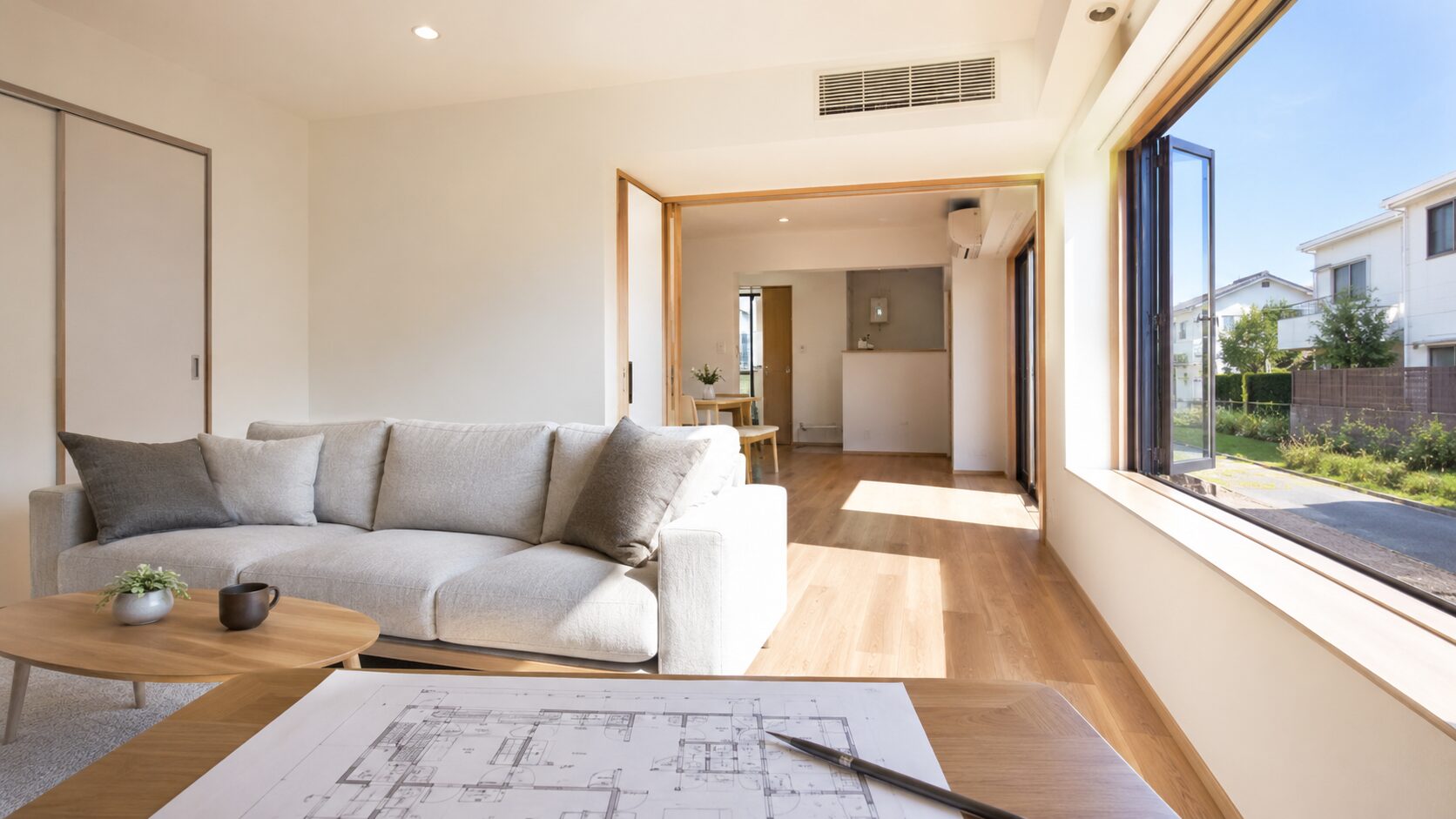 開いた窓と給気口、建築図面のある居室で採光と換気の確認を表した写真