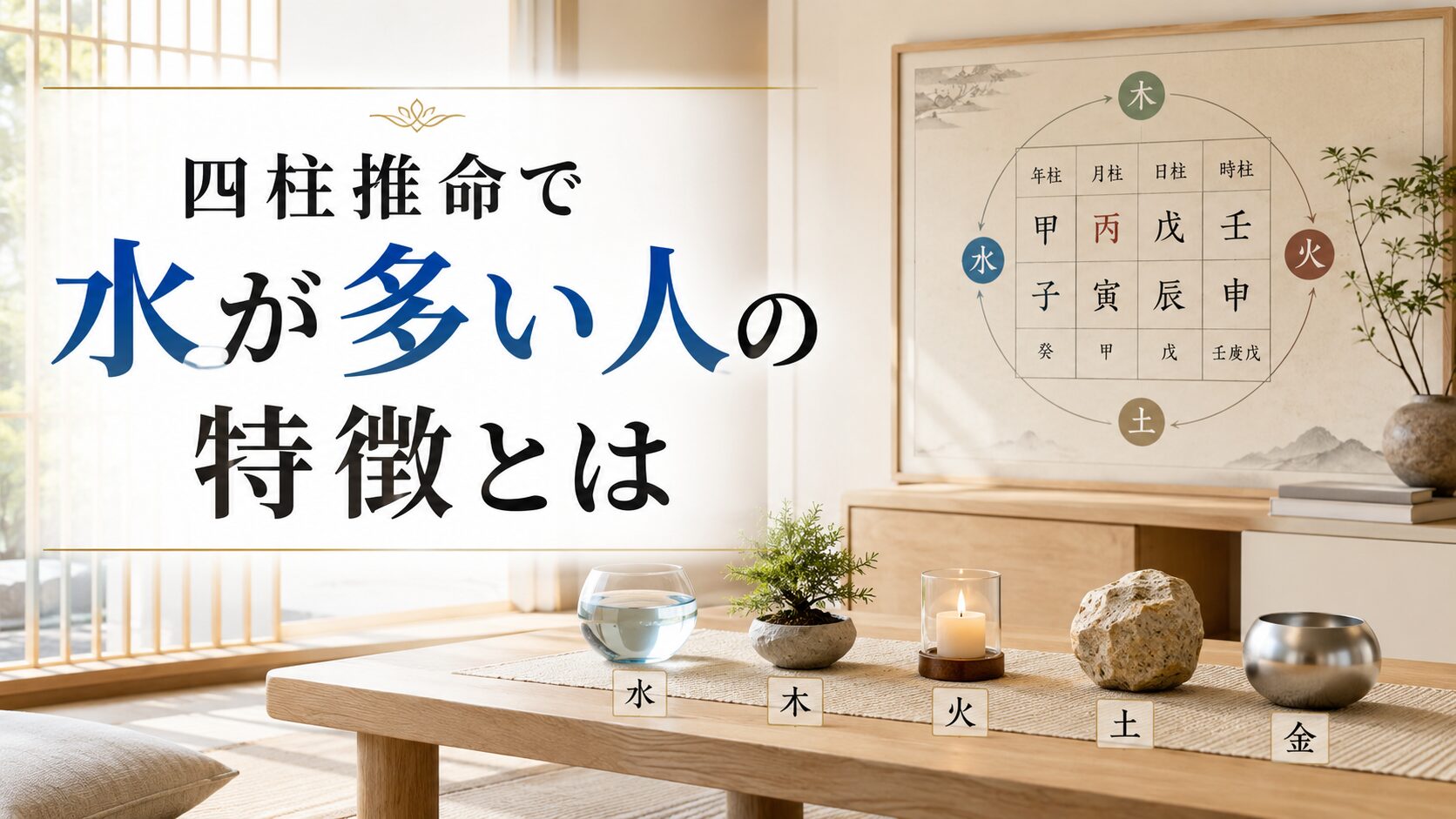 明るい和モダンの部屋に五行の小物と命式表を置き、記事タイトルを配したヘッダー画像