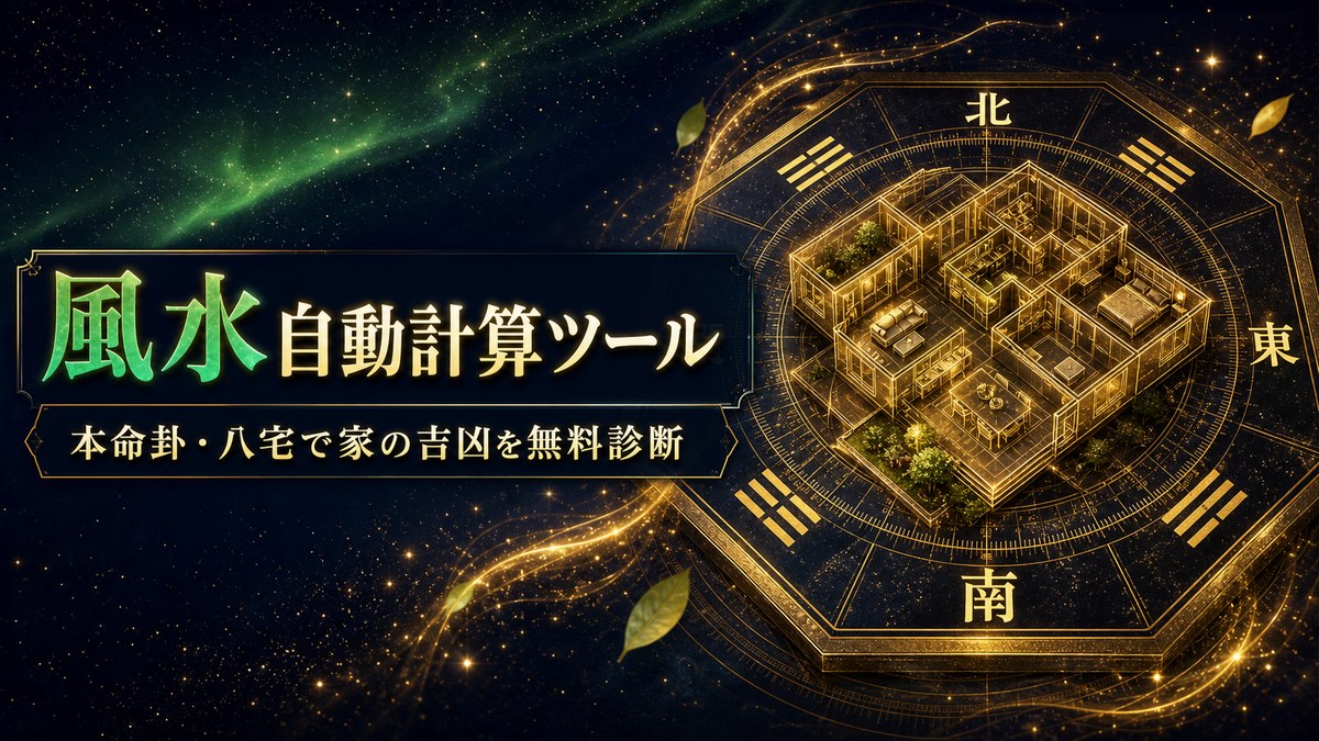 風水自動計算ツール。八卦の羅盤の上に輝く家の間取りが描かれた住まい診断のイメージ