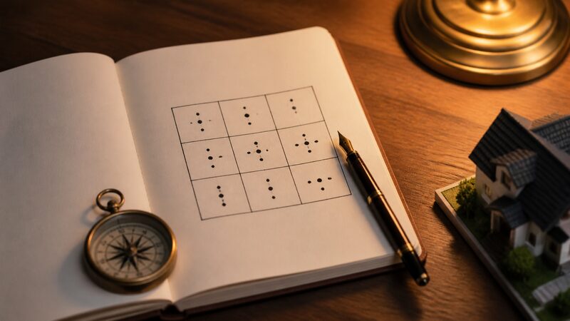 九星の方位を示す3×3の盤面図と羅盤を並べた占術の理のイメージ