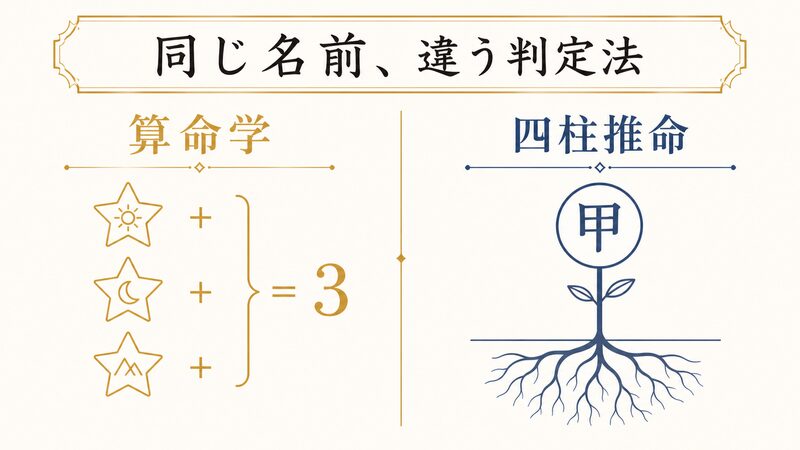 算命学の十二大従星の点数計算と四柱推命の通根判定という異なる判定ロジックを示す比較図解