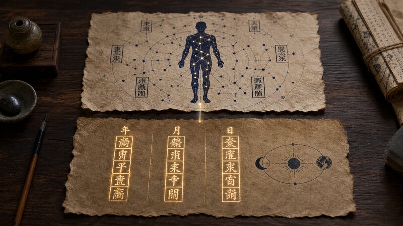 算命学の陰占と陽占の二層構造を示す暦と人体星図の図解イメージ