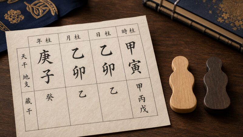 命式表と陰陽の異なる二つの木札で比肩と劫財の違いを表したイメージ