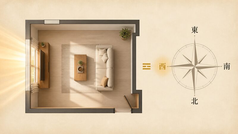 家の間取りに西の方位と兌宮の関係を示した風水の方位図解