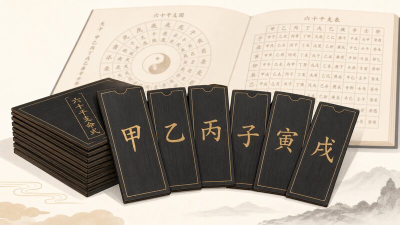 算命学の天干地支と位相法の成立条件を象徴する六十干支カードのイメージ