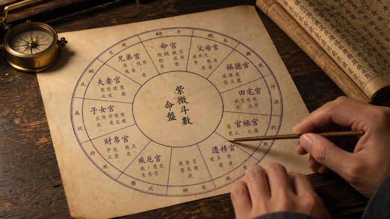 紫微斗数の十二宮の命盤で財帛宮の位置を確認する様子