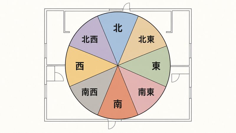 風水の八方位と五行の対応を示す間取り図解