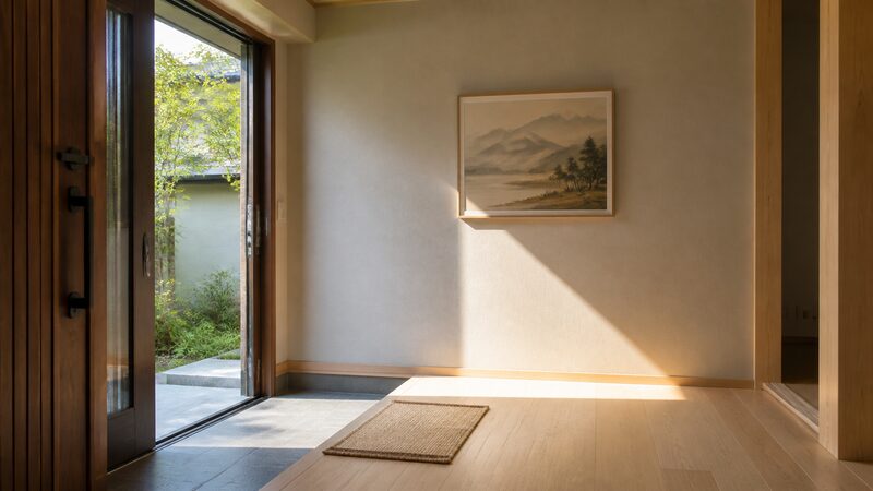 朝の光が差し込む明るい玄関の壁に一枚の風景画が飾られている様子