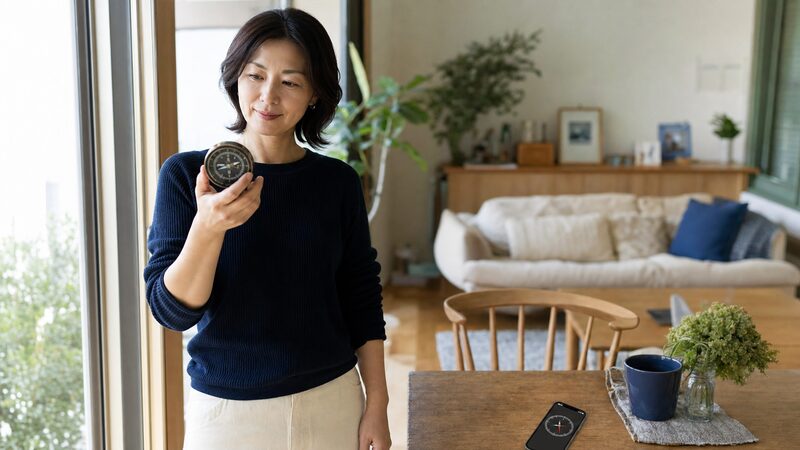 自宅で吉方位・凶方位を調べる方位磁石とコンパスアプリのイメージ