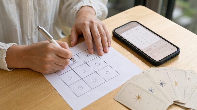手書きの九星盤に書き込みながらスマホの計算画面を確認する女性の手元