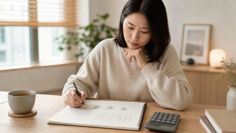 十二大従星の点数早見表を使って自分の命式を確認する女性のイメージ