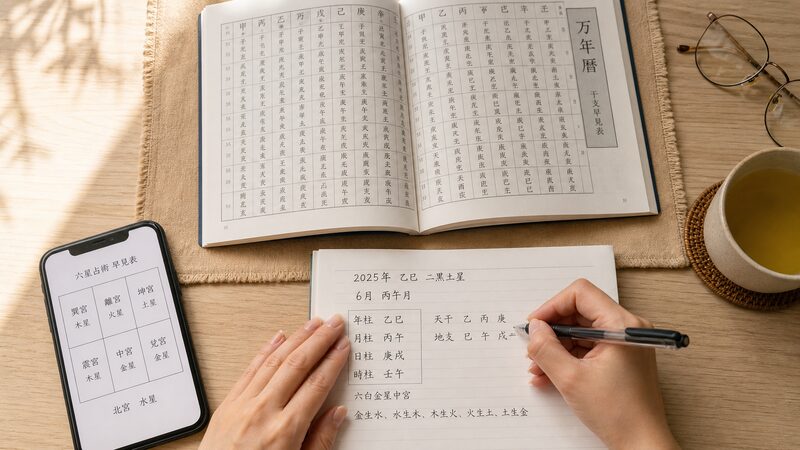 万年暦を使って命式（陰占）の六文字を書き出す様子