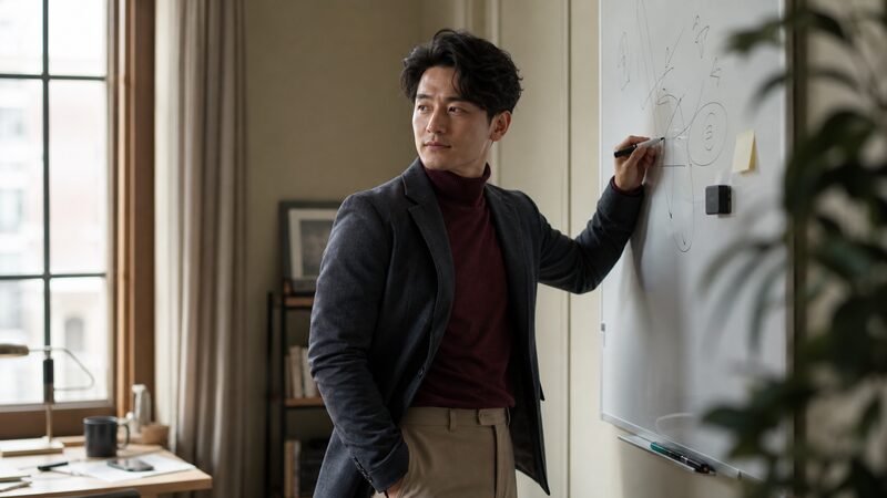 自我と独立心の強い劫財タイプの人物が自室で考え事をしているイメージ
