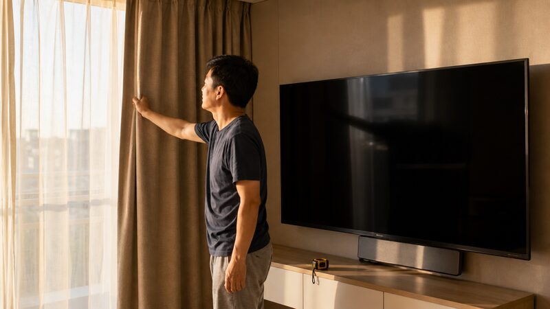 西日を遮る遮光カーテンとレースカーテンを調整する男性とテレビ