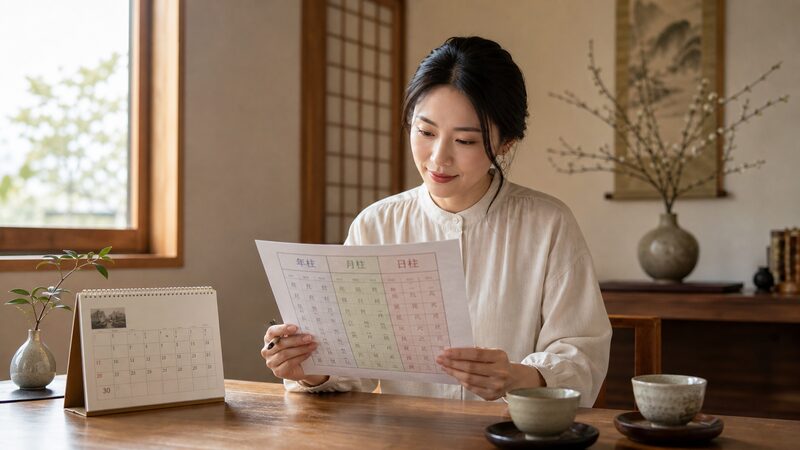 命式表を確認する女性と、後天運・相性を象徴する暦と湯呑みのイメージ