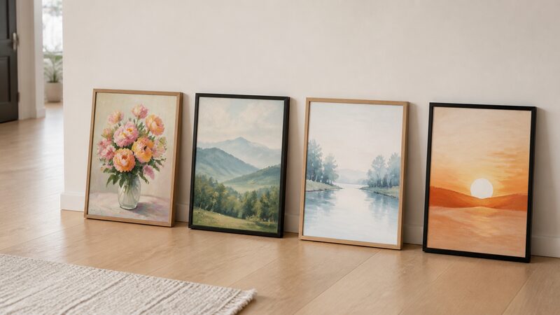 花・山・動物などモチーフの異なる複数の絵が玄関の壁に並べて比較されている様子
