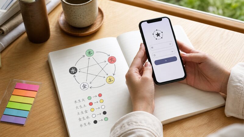 スマホの自動計算ツールと五行グループを書き込んだノートで本命星と象意を調べる手元