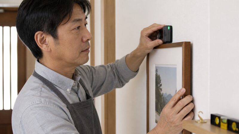 石膏ボードの壁に額縁を安全に取り付ける建築士の手元