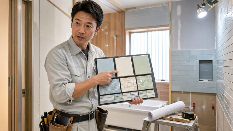 建材のタイルサンプルを比較しながら浴室リフォームの色を選ぶ様子