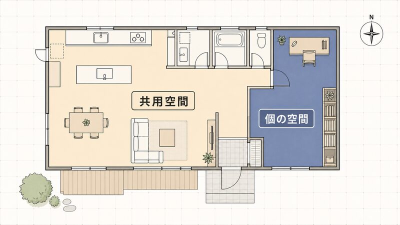 共用空間と個の空間を分けた間取りの図解イラスト
