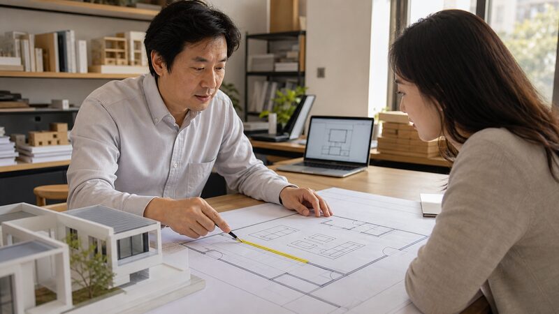 新築の間取り図でテレビの壁面位置を建築士と相談する様子