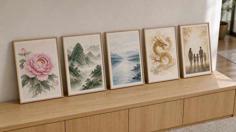 花・山・水・動物・人物などモチーフの異なる絵画が玄関の壁に並ぶ様子