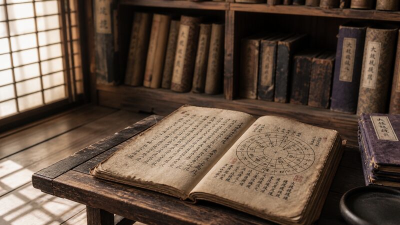 紫微斗数の成立を伝える古い写本と流派の資料が並ぶ書斎