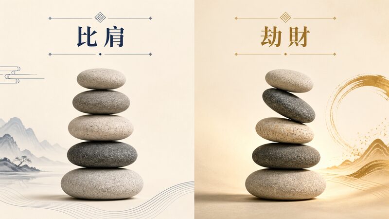 正統派の比肩と型破り派の劫財の違いを積み石で対比したイメージ